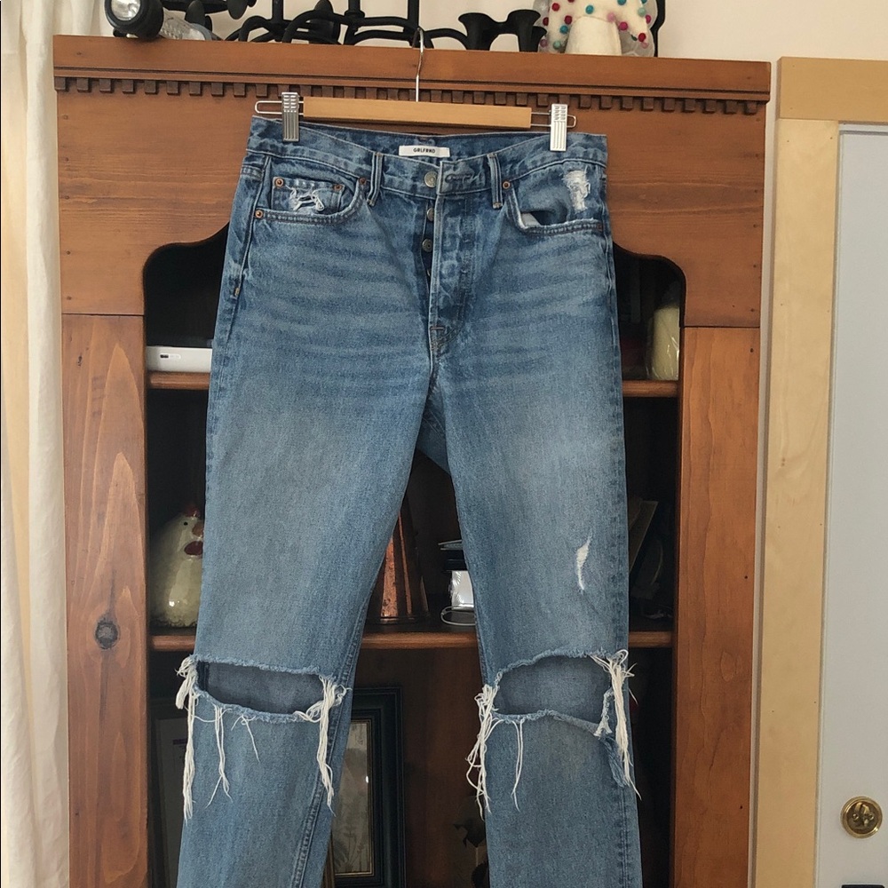 GRLFRND Light Blue Distressed Straight Leg Jeans with Slit